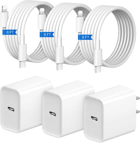 Cargador rápido para iPhone, 3+3 unidades, cargador de pared USB C de 20 W con cable de carga rápida de 6 pies compatible con iPhone
