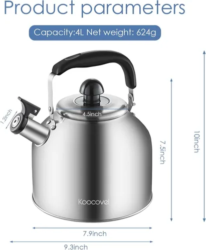 Miniatura 6 de Hervidor de té silbante grande de 4.2 cuartos de galón/4L, acero inoxidable 304 satinado cepillado, hervir rápido para estufas de inducción y gas