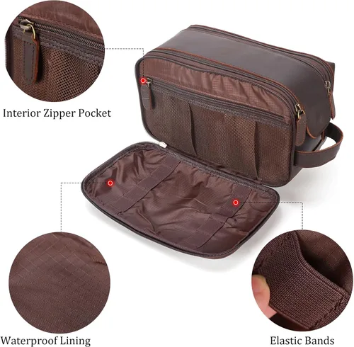 Miniatura 4 de Polare - Neceser de viaje de cuero de grano completo, kit de aseo Dopp, estuche de viaje grande para cosméticos, kit de afeitado con cremalleras YKK