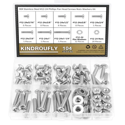 104 piezas #12-24x 5/16", 3/8", 1/2", 5/8", 3/4", 7/8", 1", 1-1/4", Kit surtido de tornillos de máquina Phillips con cabeza de sartén, tuercas y