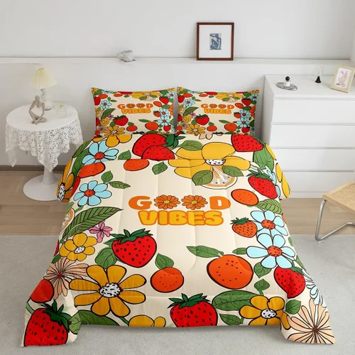 Miniatura 27 de Lindo juego de edredón de flores para niños y mujeres. Juego de ropa de cama de flores coloridas de dibujos animados, tamaño individual, bonito
