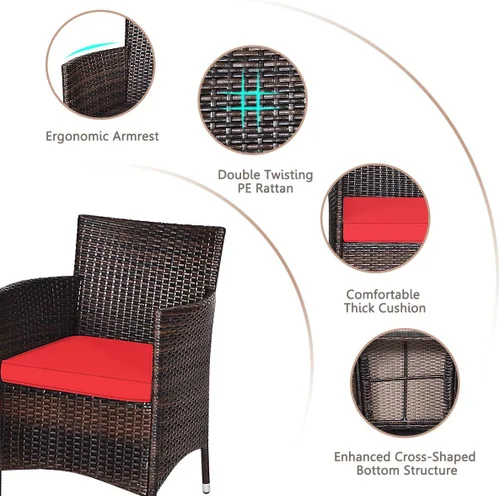 Miniatura 5 de HAPPYGRILL Juego de muebles de patio de 3 piezas para exteriores, juego de conversación de mimbre de ratán con mesa auxiliar, sillas y cojines Rojo