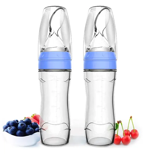 Matyz Juego de 2 cucharas dispensadoras de alimentos de silicona para bebés (azul, 4 onzas/4.1 fl oz), alimentador de biberones exprimible de pie