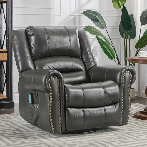 Sillón reclinable giratorio con masaje de calor y vibración, moderno sillón reclinable manual con puerto USB y bolsillos laterales, cómodo sillón