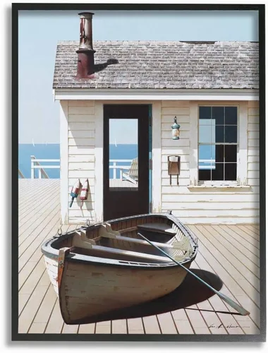 Miniatura 9 de Stupell Industries Barco en el paseo marítimo Tranquil Coastal Boathouse Pintura diseñada por Zhen-Huan Lu Art, 10 x 15 pulgadas, placa de pared
