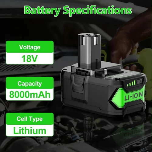 Miniatura 4 de Paquete de 2 baterías de repuesto de 8.0Ah para batería Ryobi de 18 V con cargador P117 de litio compatible con Ryobi 18 voltios ONE+ Plus P102 P103