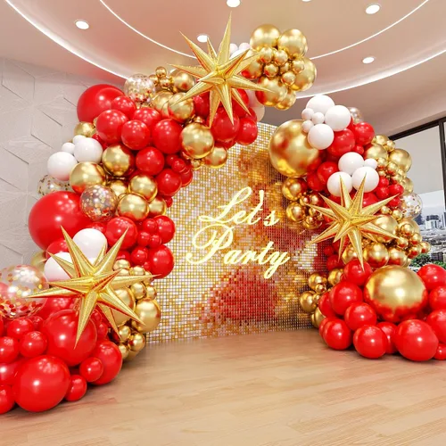 Kit de arco de globos rojos y dorados, globos rojos y dorados con globos de aluminio de 22 pulgadas, globos de látex blanco con confeti dorado para