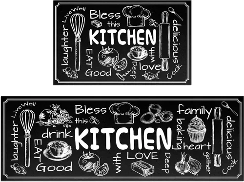 Juego de 2 tapetes de cocina antideslizantes y gruesos para el suelo, tapetes cómodos para cocina, fregadero, negro, 17 x 47 pulgadas + 17 x 28