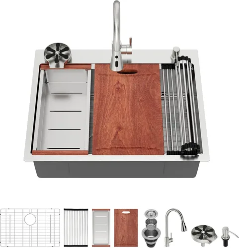 Miniatura 16 de Fregadero de cocina de 25 pulgadas, fregadero de un solo cuenco, color negro mate, calibre 18, 25 x 22 pulgadas, acero inoxidable, montaje superior