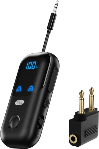 Receptor transmisor Bluetooth 5.4 aptX adaptativo para 2 AirPods/auriculares, adaptador de audio Bluetooth 2 en 1 con micrófono y pantalla LED para