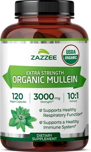 Zazzee USDA Organic Mullein Leaf 10:1 Extracto, 120 cápsulas veganas, suministro para 4 meses, Verbascum Thapsus, soporte respiratorio y pulmonar,