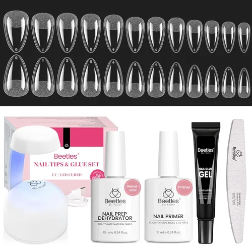 Kit de uñas de gel Beetles Short Almond Gift Spree, con deshidratador y imprimación, 576 piezas de puntas de uñas de gel Half Matte Etch-X,