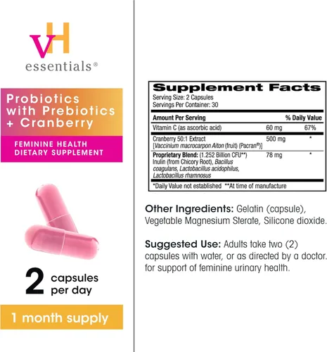 Miniatura 6 de vH Essentials - Probióticos con prebióticos y arándano Suplemento de salud femenina, 60 cápsulas, 544-06, 1 - Individual, 1