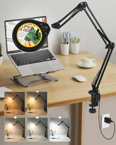 Miniatura 10 de Lupa 10X y 5X con luz LED, brazo oscilante ultra largo, 5 colores y 10 de brillo, lente de cristal real, lámpara de aumento grande para Blanco