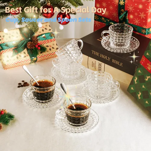 Miniatura 7 de Juego de 6 tazas de cristal para café espresso con platillos y cucharas de acero inoxidable, aptas para lavavajillas, para té, chocolate caliente