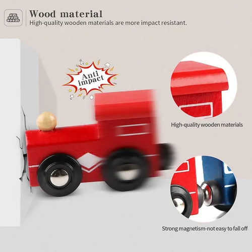 Miniatura 4 de Wondertoys Juego de 12 trenes magnéticos de madera, incluye 3 motores y bolsa de almacenamiento, juego de tren de madera para niños pequeños