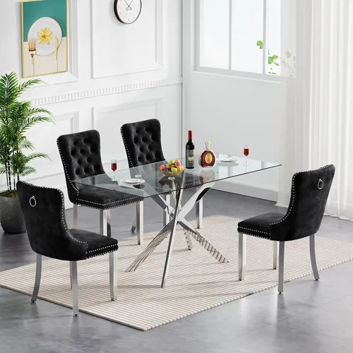 Miniatura 17 de Juego de 4 mesas de comedor de cristal para 4, juego de 4 mesas y sillas de cocina modernas, juego de mesa de comedor de cocina de 5 piezas con mesa