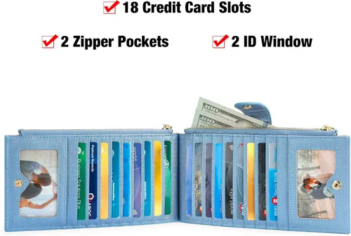 Miniatura 2 de GOIACII Cartera para mujer con bloqueo RFID plegable para tarjetas de crédito con 2 bolsillos con cremallera, B18 Azul perlado, Classic