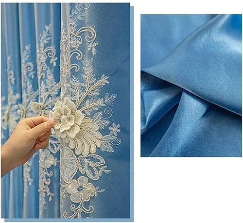 Miniatura 5 de Amidoudou 1 par de cortinas europeas de lujo con cenefa para sala de estar, dormitorio, cortinas bordadas de doble capa (azul, 52 x 90 pulgadas)