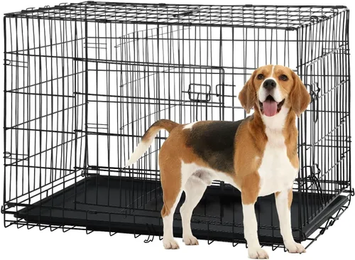 Miniatura 21 de Dopinmin Jaula grande para perros de 42 pulgadas, jaula de doble puerta para mascotas, jaula plegable de alambre de metal con panel divisor, bandeja