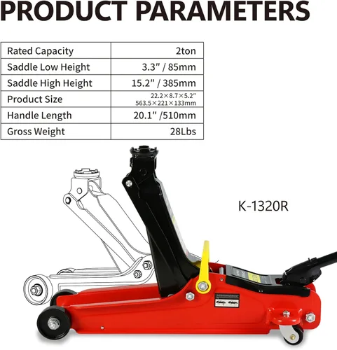 Miniatura 6 de Gato hidráulico de perfil bajo con bolsa de almacenamiento, de acero, bomba de elevación rápida de un solo pistón, rojo, rango de elevación de 3.3 a
