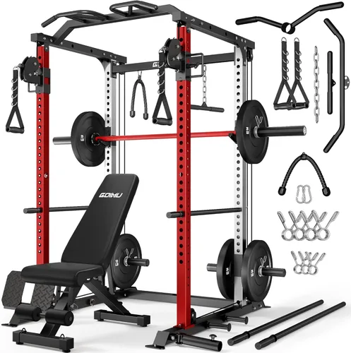 Miniatura 26 de DP01 - Jaula de potencia, estante para sentadillas de 2000 libras con cable cruzado y sistema de polea doble independiente, jaula completa para Rojo