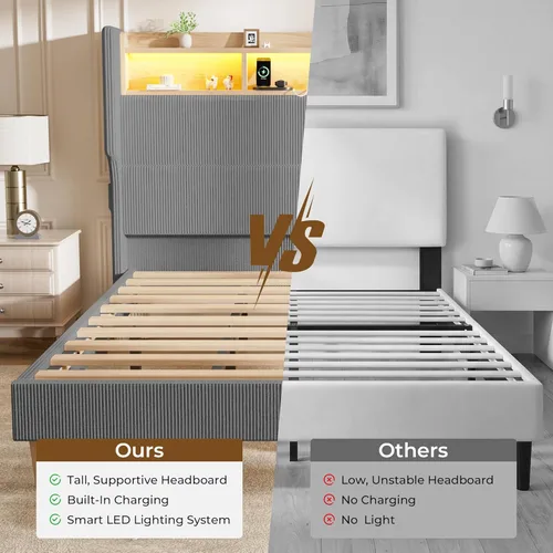 Miniatura 7 de HOMRELEXA Base de cama tamaño matrimonial para niñas con cabecera de 51 pulgadas de alto, luces LED y estación de carga, plataforma tapizada de pana