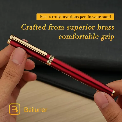 Miniatura 8 de BEILUNER Pluma estilográfica roja, impresionantes plumas de lujo con acabado de oro de 24 quilates, hermosa plumilla dorada de 24 quilates rojo