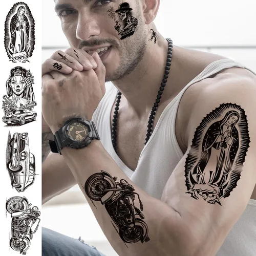 Miniatura 5 de 12 Hojas de Tatuajes Temporales Chicanos Grandes, Tatuajes Temporales Cholo y Chola, Tatuajes Falsos de Gángster Chicana Guadalupe Día