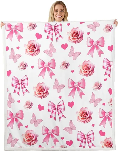 Miniatura 37 de Manta de franela con lazo rosa, manta de vellón con lazo en acuarela para decoración del hogar, sofá, sofá, manta de forro polar kawaii de dibujos
