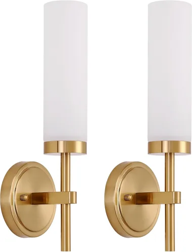 Miniatura 10 de Juego de 2 apliques de pared cableados negros y dorados, modernos apliques de tocador de baño con pantalla de vidrio transparente, luces de montaje
