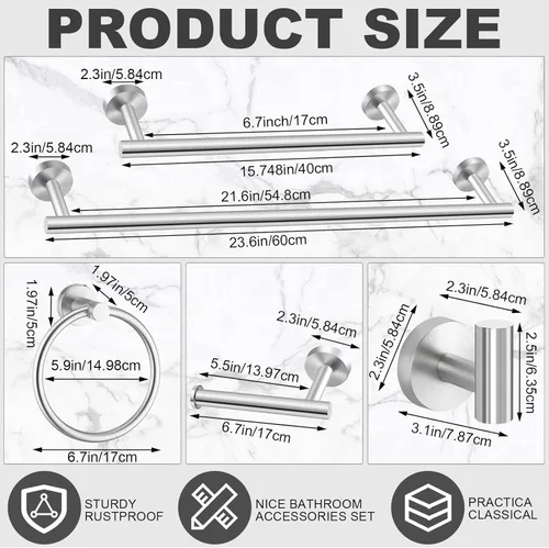 Miniatura 2 de Gisafai Juego de 15 accesorios de baño de níquel cepillado, toalleros plateados para baño, acero inoxidable SUS304 de 23.6 pulgadas, soporte