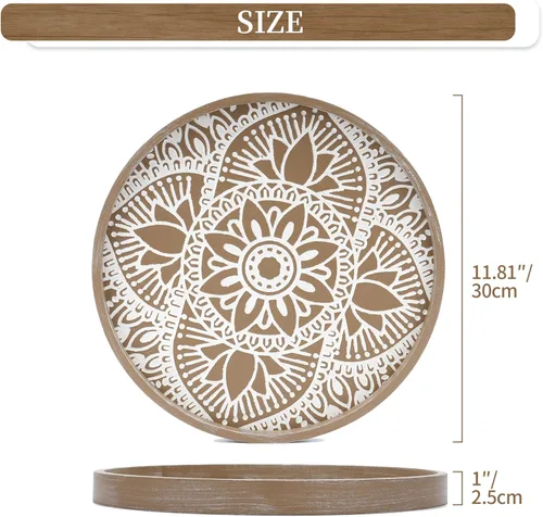 Miniatura 5 de Hanobe Bandeja decorativa redonda para mesa: bandejas de mesa de café boho para decoración del hogar – Medio siglo Farmhouse Circle Wood Serving