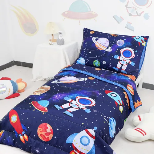 Miniatura 6 de SWESEN Juego de ropa de cama para niños pequeños, juego de ropa de cama azul espacial, suave y ligero de 4 piezas, incluye edredón, sábana encimera