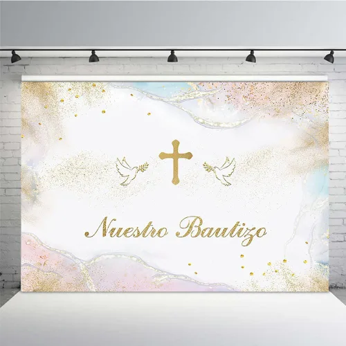 MEHOFOND Fondo de fotografía de Nuestro Bautizo de 7 x 5 pies para niños y niñas, decoración de fiesta de bautizo mexicano para niños y niñas,