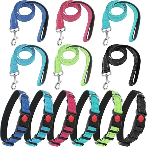 Miniatura 8 de Juego de 6 juegos de correa y collar reflectantes para perro, correas de nailon ajustables, collar de perro resistente, correa de mango acolchado
