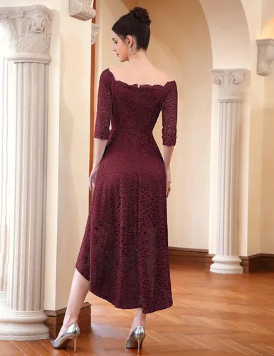 Miniatura 5 de Dressystar - Vestido de encaje para mujer, vestido asimétrico con vuelo y hombros descubiertos ideal para cóctel, dama de honor, fiesta formal