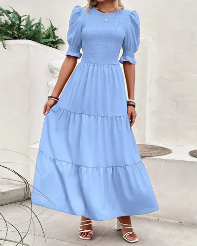 Miniatura 8 de BTFBM Vestidos para mujer, cuello redondo, casual, de verano, con volantes, manga corta, bohemio, con niveles, fruncido, largo, con estampado floral