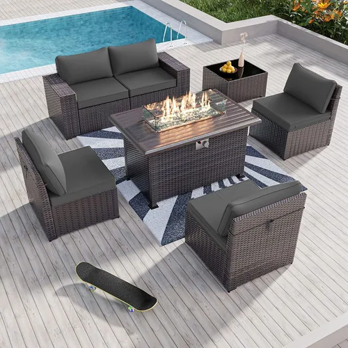 Kullavik Juego de 7 muebles de patio al aire libre con mesa de fogata de gas propano de 43 pulgadas, 55000 BTU, sofá seccional de ratán de Gris