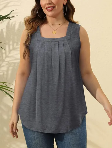 Miniatura 130 de Saloogoe - Camisetas sin mangas veraniegas para mujeres, plisadas con cuello cuadrado y dobladillo curvado, blusas de ajuste holgado con movimiento