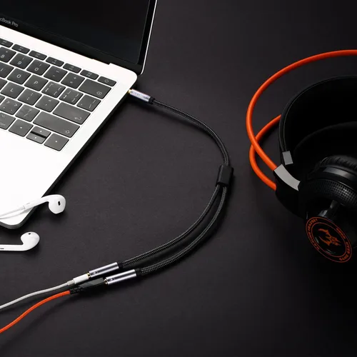 Miniatura 8 de DUKABEL Divisor de auriculares, resistente trenzado y chapado en oro de 0.138 in de audio estéreo en Y, cable divisor en Y de 4 polos macho a 2