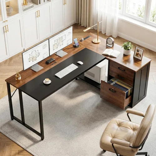 AODK Escritorio de oficina en forma de L de 61 pulgadas con cajones de madera y archivador con cerradura, escritorio de esquina reversible de 21.7