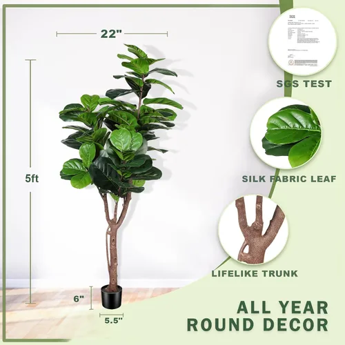 Miniatura 2 de LYERSE Árbol de higuera artificial de hoja de violín, planta de ficus lyrata falsa de 5 pies con 78 hojas de violín decorativas en maceta