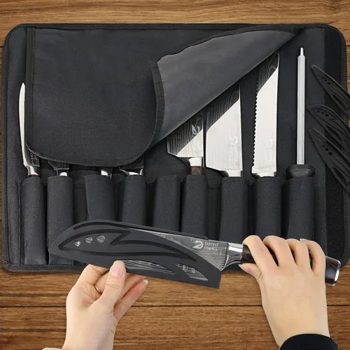 Miniatura 2 de Dfito Juego de cuchillos de chef con bolsa enrollable, juego de 9 piezas de cuchillos profesionales, juego de cuchillos de cocina de acero Rojo