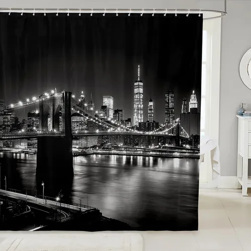 jejeloiu Cityscape - Cortina de baño de 72 x 72 pulgadas, moderna cortina de ducha de puente para niños, decoración de edificios altos, forro de