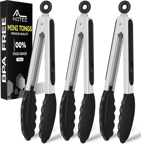 Hotec Pinzas de cocina de silicona para cocinar, pinzas pequeñas de 7 pulgadas con puntas de silicona, juego de 3 (negro)