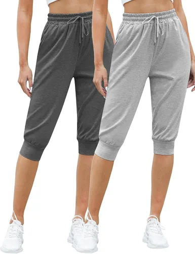 Syhood Paquete de 2 pantalones deportivos capri para mujer, con cordón, pantalones capri casuales recortados con bolsillos