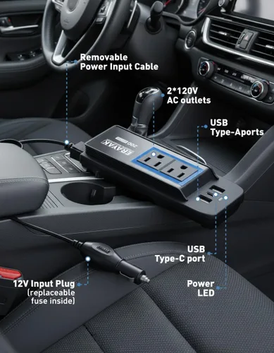 Miniatura 6 de ERAYAK Cargador de coche de 200 W e inversor de corriente con salida de CA de 110 V - Accesorio de coche premium Adaptador de encendedor