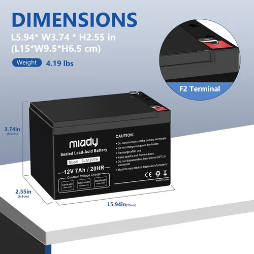 Miniatura 2 de Miady Batería de ácido plomo sellada recargable de 12V 7Ah (Paquete de 2)