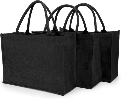Segarty Bolsas de mano, paquete de 3 bolsas grandes de yute de arpillera negra reutilizable, bolsa de regalo con asas, bolsa en blanco a granel para